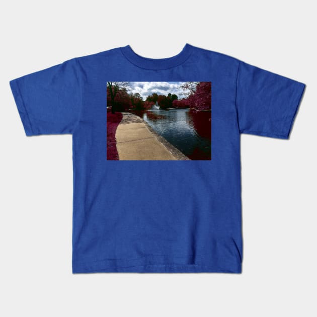 Fantasy Nature Scene with Pink Leaves and Grass Reflecting in the Water - Loose Park Kansas City Kids T-Shirt by Zen Goat 